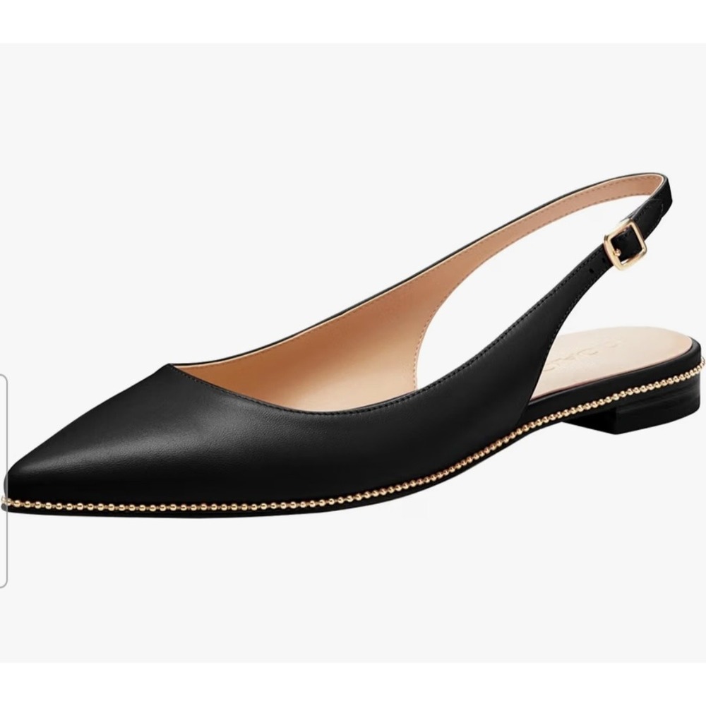 Coach Claire Black Leather Slingback Pointed Toe Flats with Bead Chain Trim 9